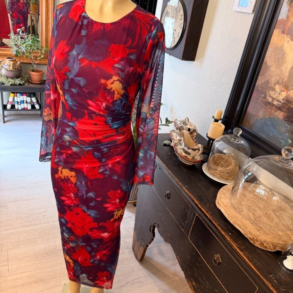 PrettyGarden Form Fit Maxi Sheer Long Sleeve Bright Colors FLORAL DRESS